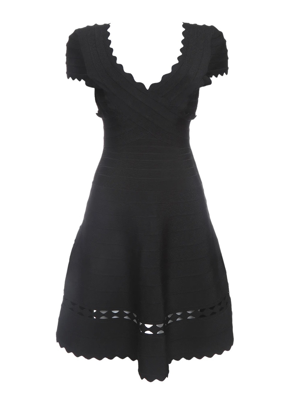 Herve Leger Black Scallop Laser-Cut V-Neck Fit & Flare Dress